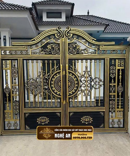 Cổng nhôm đúc họa tiết trống đồng