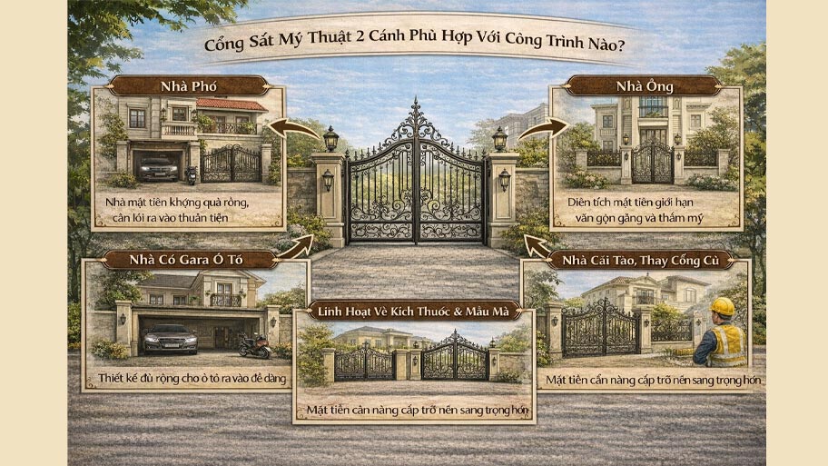 Công trình phù hợp với cổng sắt mỹ thuật 2 cánh