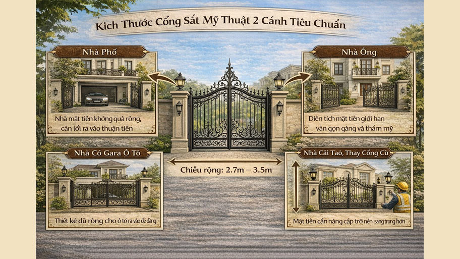 Kích thước cổng sắt mỹ thuật 2 cánh