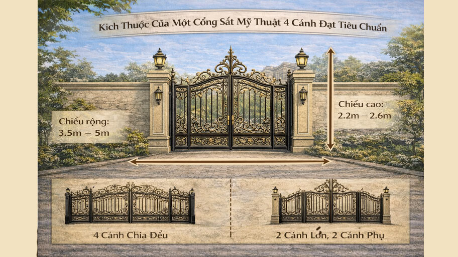 Kích thước cổng sắt mỹ thuật 4 cánh