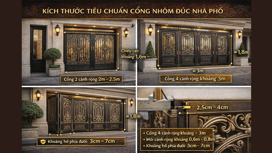 Kích thước tiêu chuẩn cổng nhôm đúc nhà phố