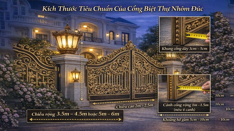 Kích thước tiêu chuẩn của cổng biệt thự nhôm đúc