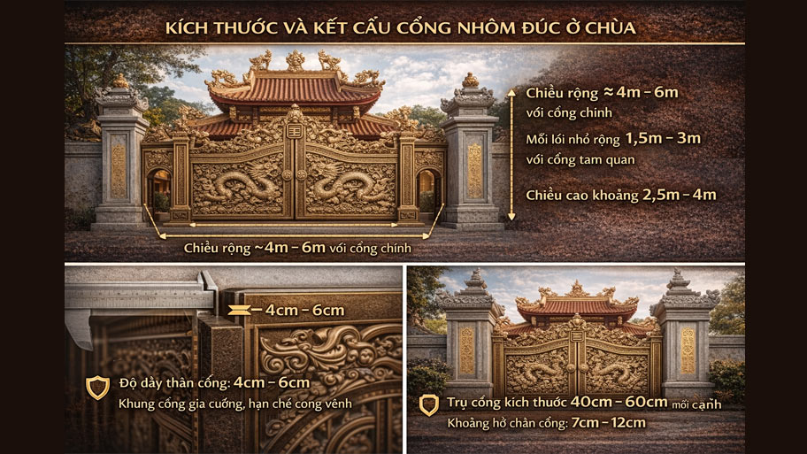Kích thước và kết cấu cổng nhôm đúc ở chùa