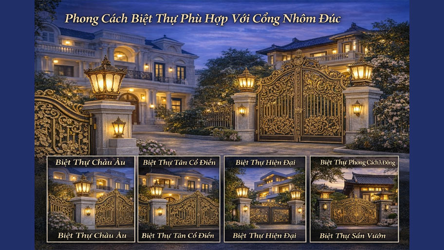 Phong cách biệt thự phù hợp với cổng nhôm đúc
