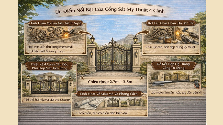 Ưu điểm nổi bật của cổng sắt mỹ thuật 4 cánh