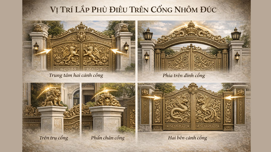 Vị trí lắp phù điêu trên cổng nhôm đúc